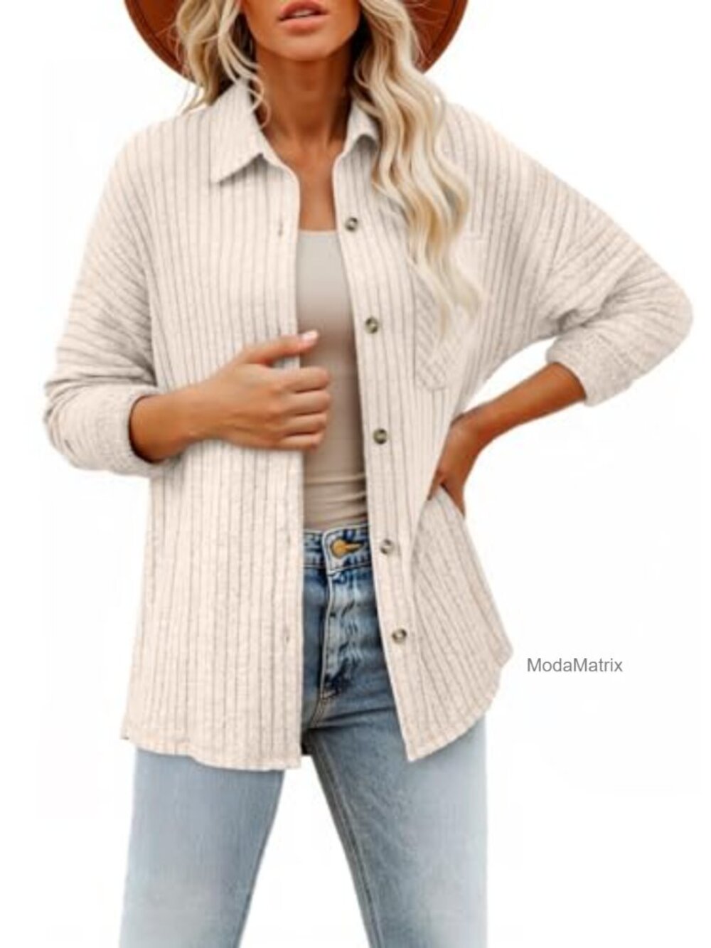 Ribbed Knit Shacket Button Down Long Sleeve Lightweight Blouse